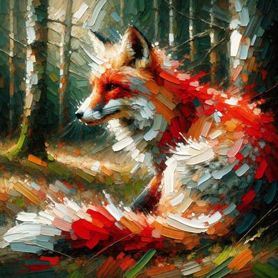 The primary subject of the image is a fox sitting in a forest. The setting is a forest with trees in the background. The visual style is a painting, which gives the image a vibrant and artistic appearance. The dominant colors are red and orange, which create a warm and lively atmosphere.